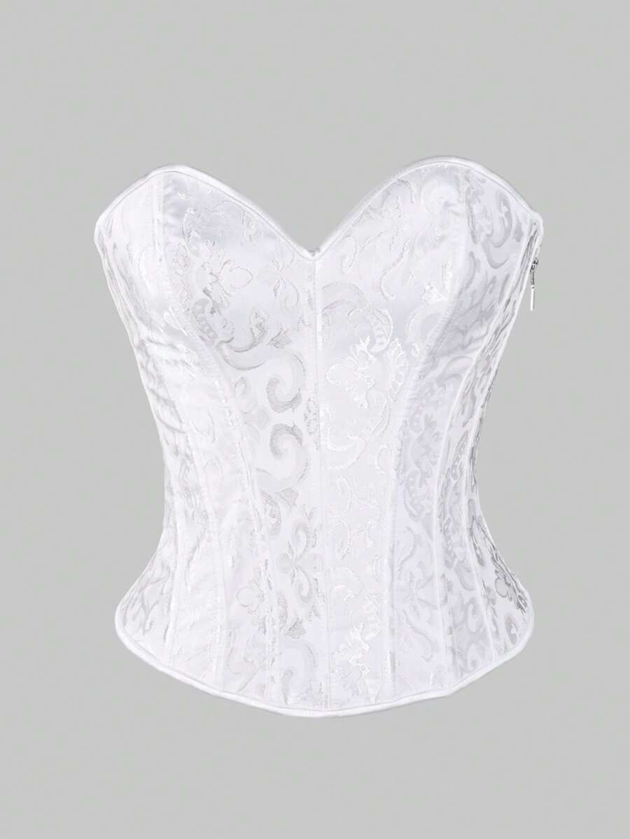 Women's white strapless lace-up corset top featuring supportive boning, baroque pattern, and asymmetrical hem