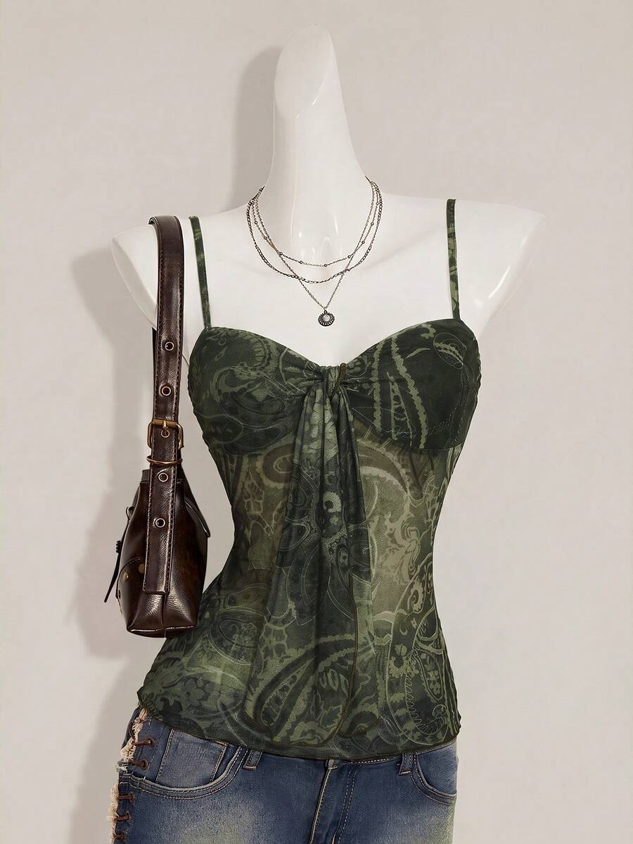 Burgundy paisley print ruched cami top for women featuring thin spaghetti straps, asymmetrical lace-up detail, and a slim fit.