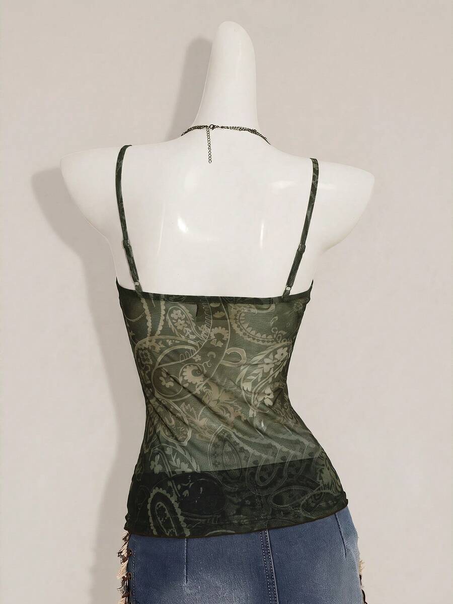 Burgundy paisley print ruched cami top for women featuring thin spaghetti straps, asymmetrical lace-up detail, and a slim fit.