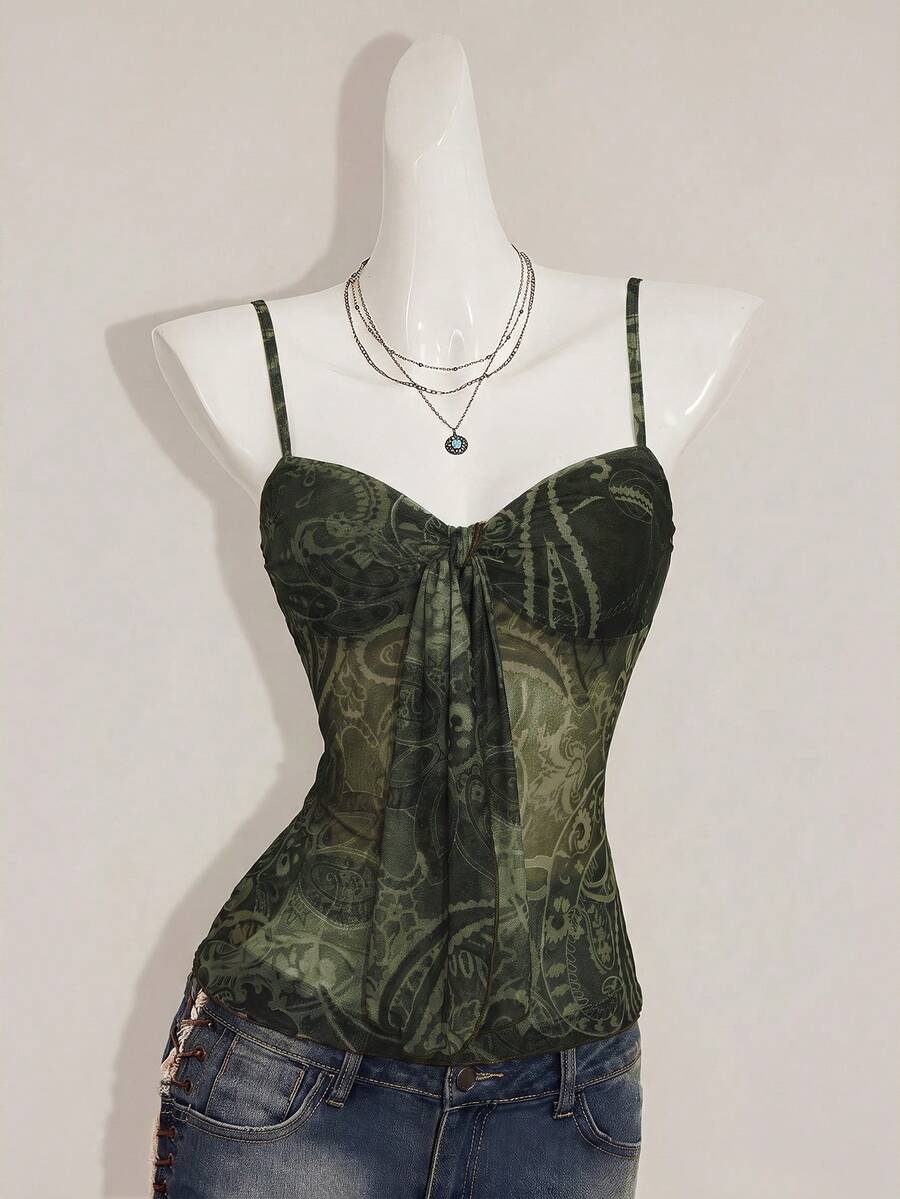 Burgundy paisley print ruched cami top for women featuring thin spaghetti straps, asymmetrical lace-up detail, and a slim fit.