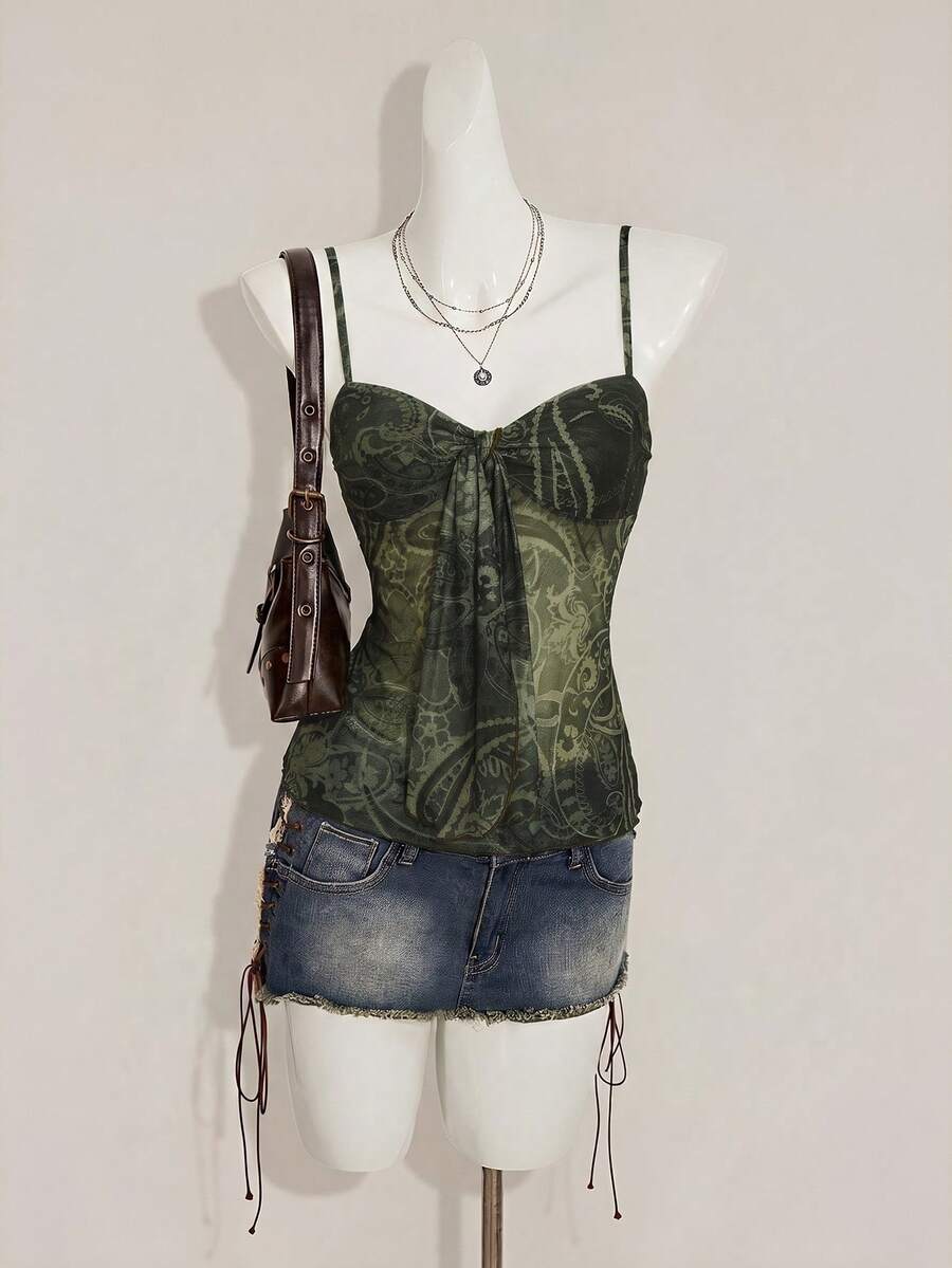 Burgundy paisley print ruched cami top for women featuring thin spaghetti straps, asymmetrical lace-up detail, and a slim fit.