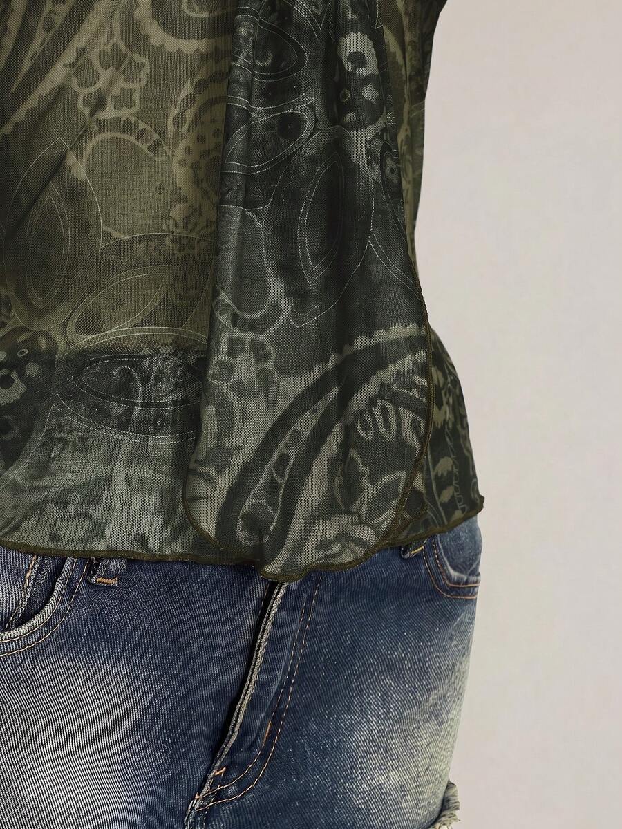 Burgundy paisley print ruched cami top for women featuring thin spaghetti straps, asymmetrical lace-up detail, and a slim fit.