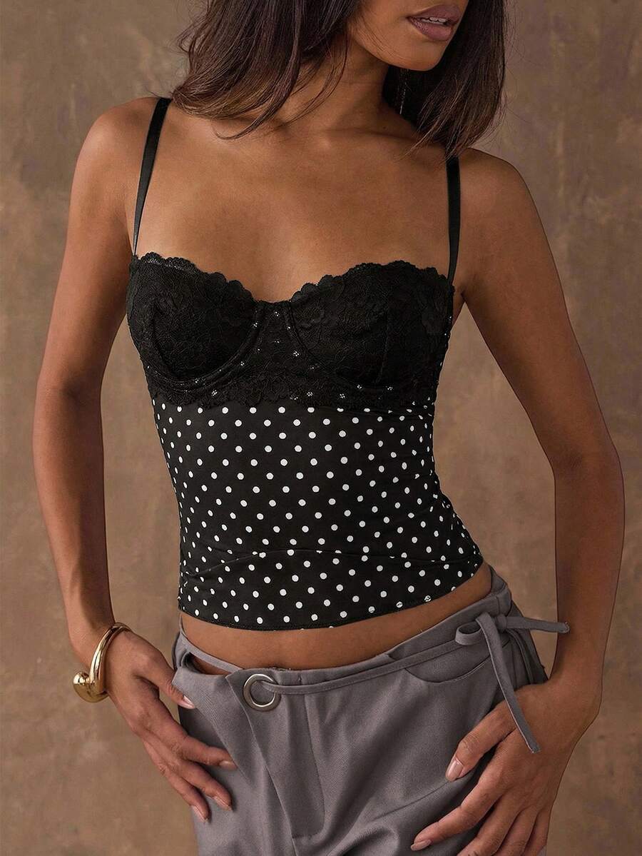 Women's black contrast lace camisole with spaghetti straps, cup detail, semi-sheer finish, and slim fit for going out or date night.