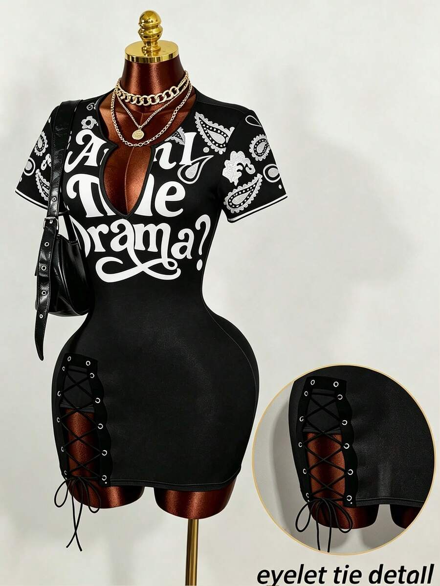 Women's black bodycon mini dress featuring grommet eyelet lace-up front detail, drop shoulder short sleeves, and slim fit stretch knit fabric.
