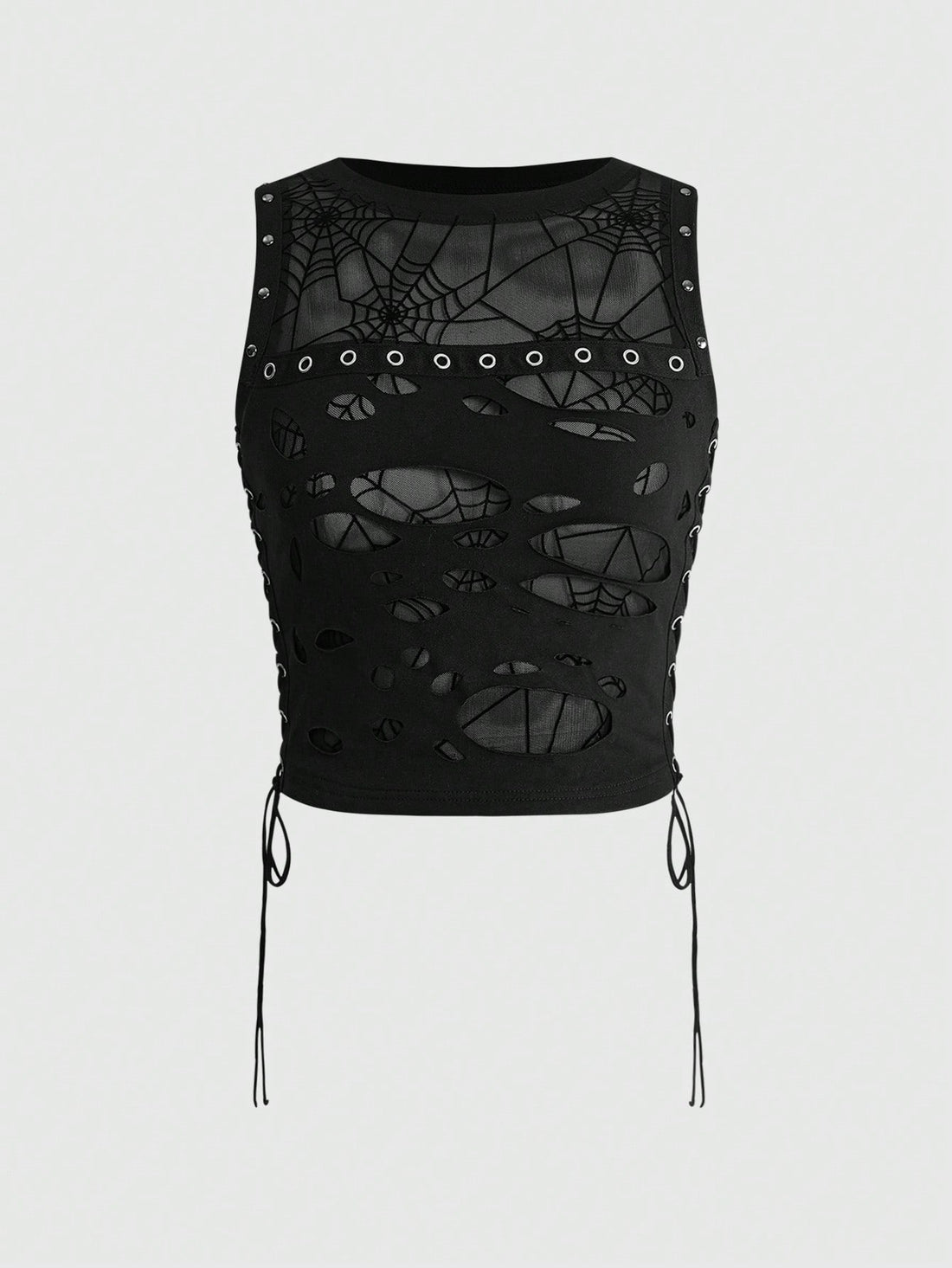 A black slim-fit women's crop tank top featuring a flocked spider web print, front metal eyelet lace-up detail, cut-out design, and round neckline.