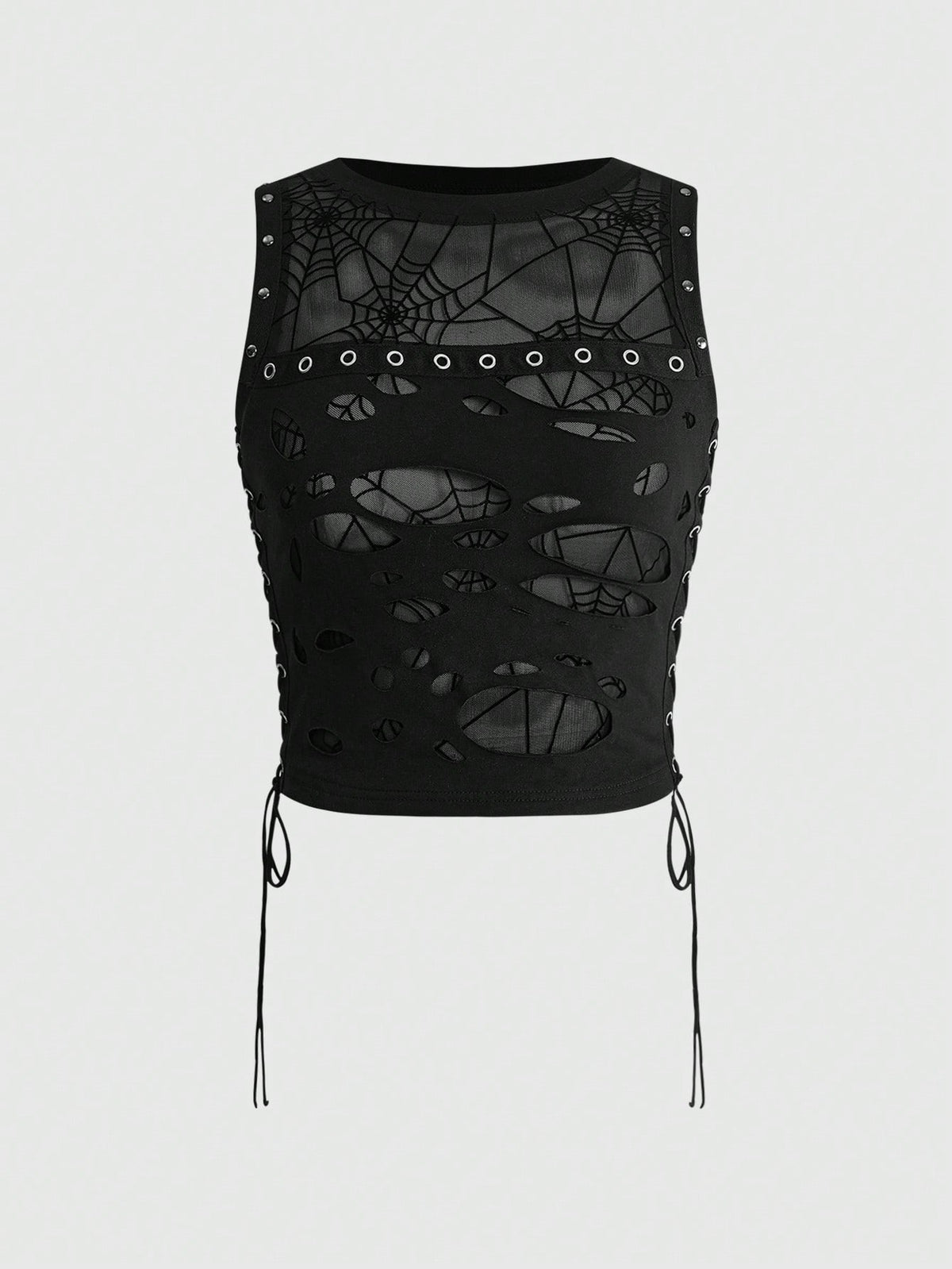 A black slim-fit women's crop tank top featuring a flocked spider web print, front metal eyelet lace-up detail, cut-out design, and round neckline.