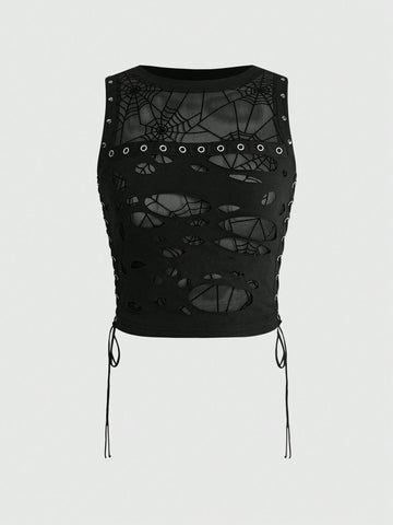 A black slim-fit women's crop tank top featuring a flocked spider web print, front metal eyelet lace-up detail, cut-out design, and round neckline.