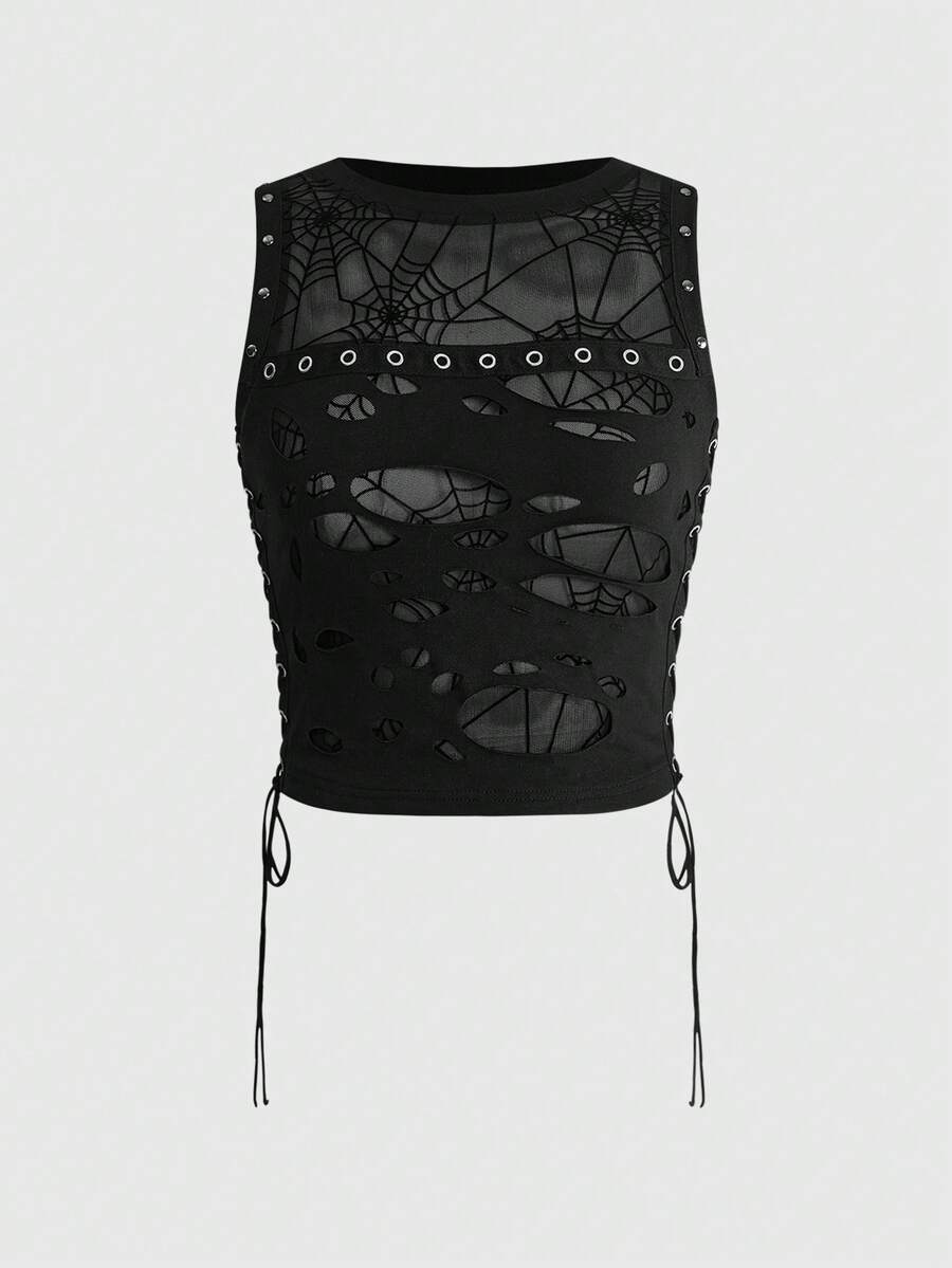 A black slim-fit women's crop tank top featuring a flocked spider web print, front metal eyelet lace-up detail, cut-out design, and round neckline.