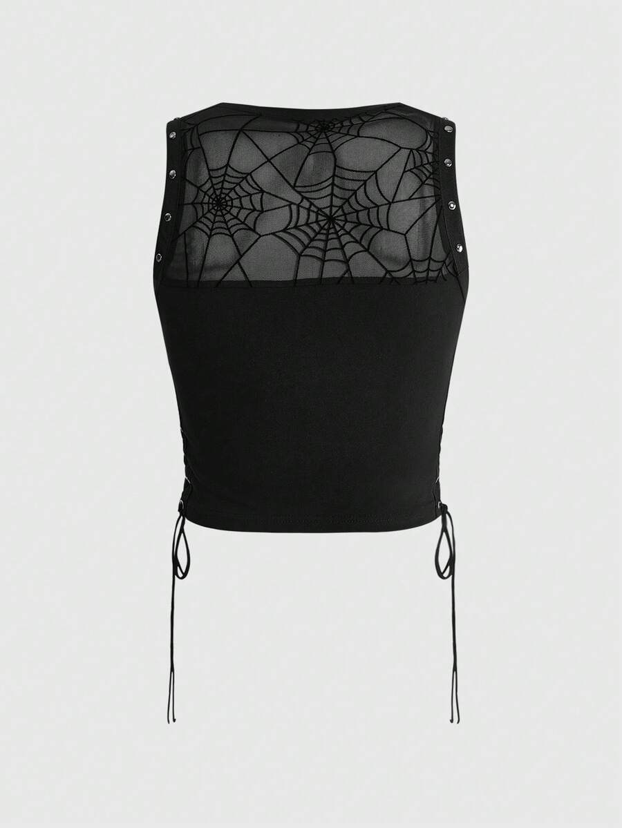 A black slim-fit women's crop tank top featuring a flocked spider web print, front metal eyelet lace-up detail, cut-out design, and round neckline.