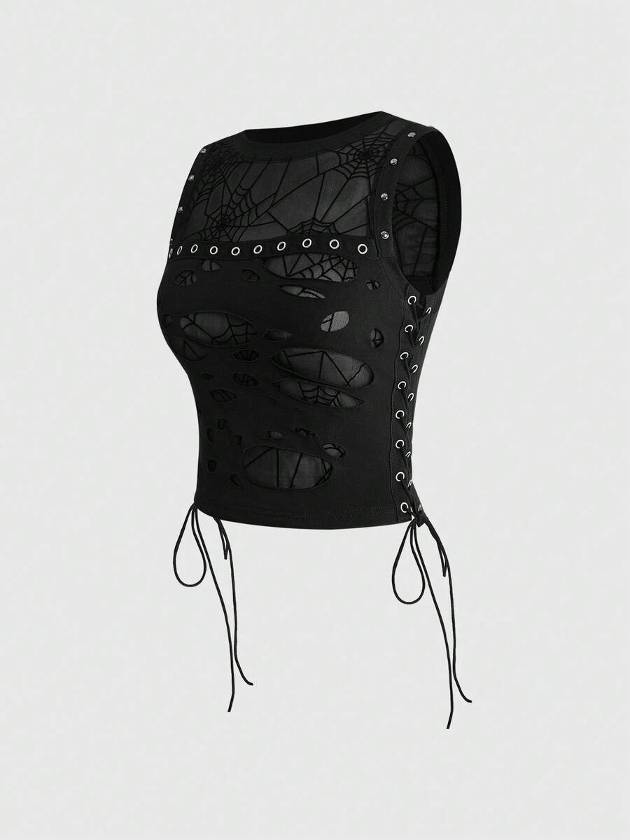 A black slim-fit women's crop tank top featuring a flocked spider web print, front metal eyelet lace-up detail, cut-out design, and round neckline.