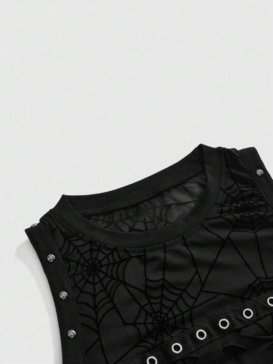 A black slim-fit women's crop tank top featuring a flocked spider web print, front metal eyelet lace-up detail, cut-out design, and round neckline.