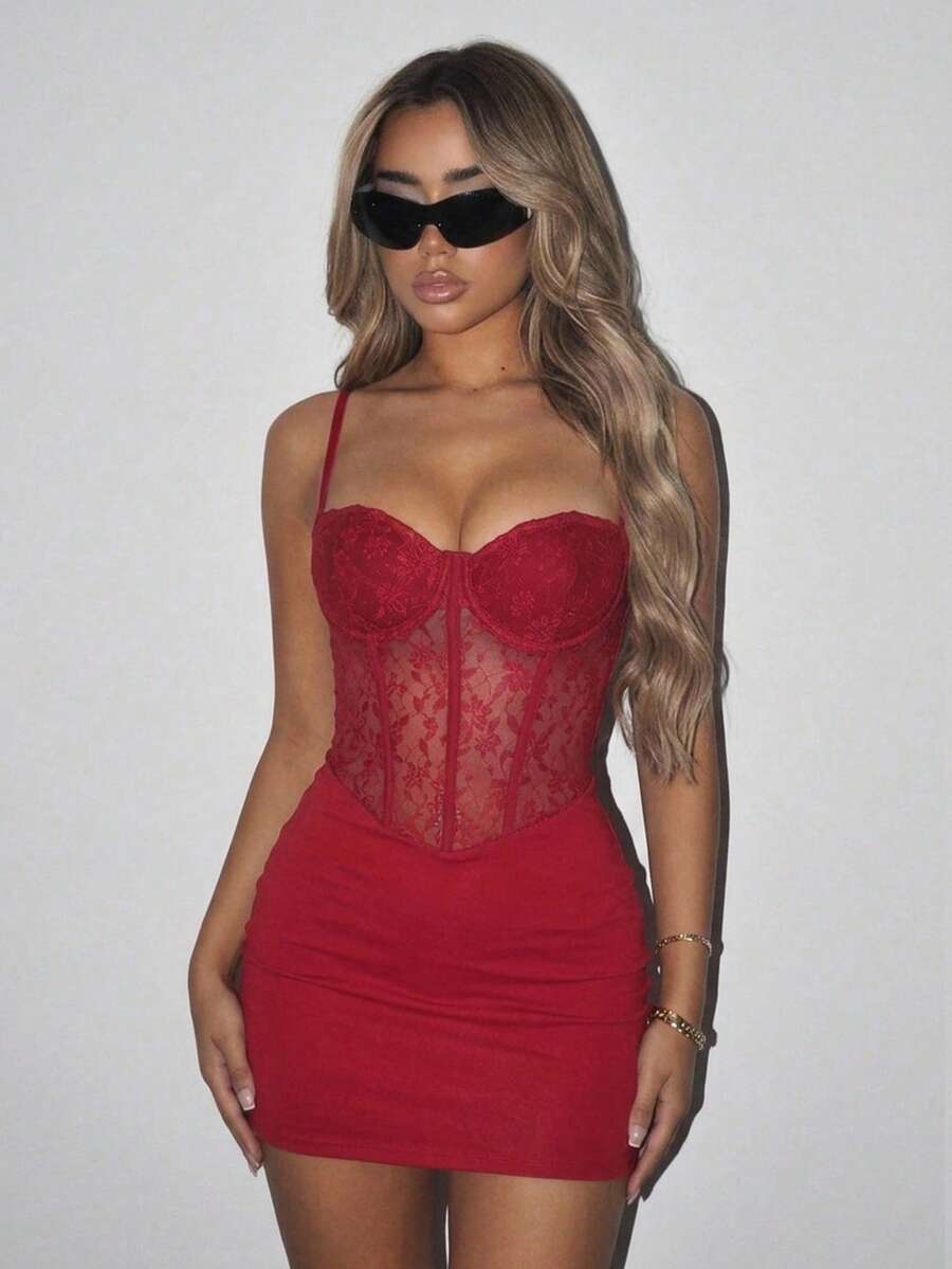 Black contrast lace bustier cami bodycon mini dress for women featuring spaghetti straps and a backless design.