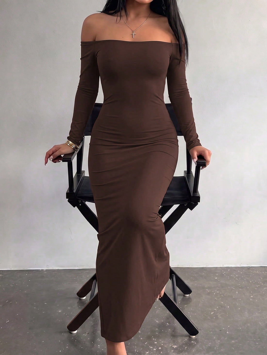 Women's coffee long sleeve off-the-shoulder knitted bodycon maxi dress with slim fit and mermaid hem