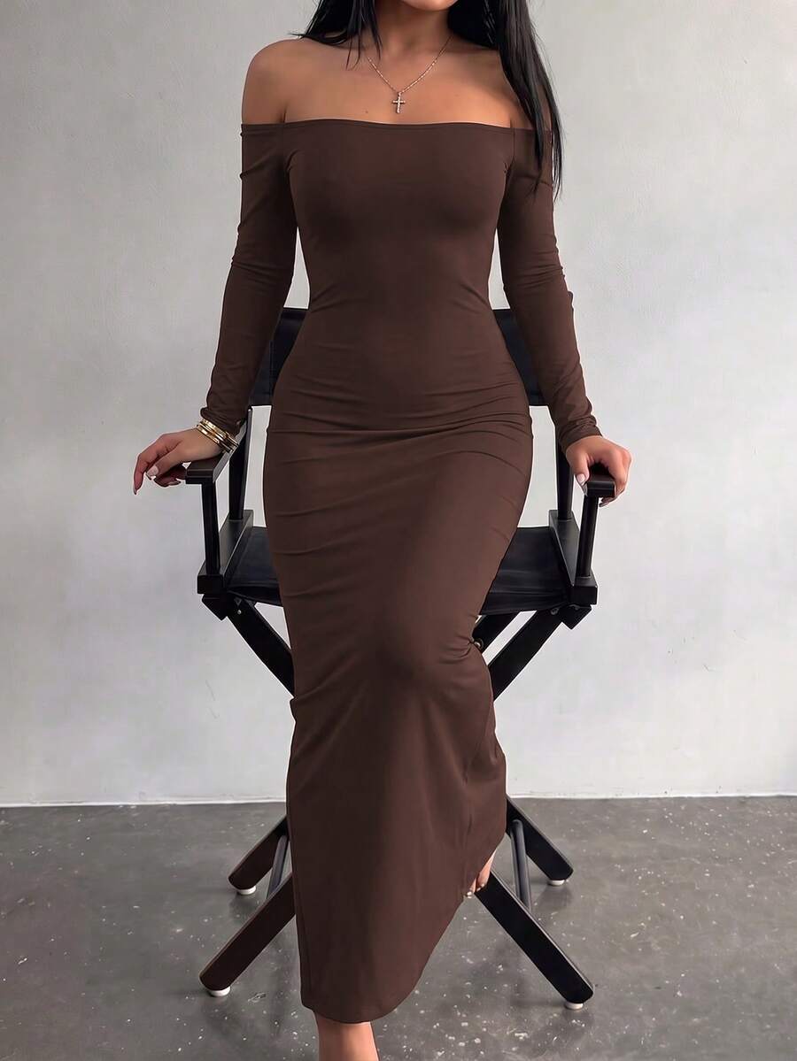 Women's coffee long sleeve off-the-shoulder knitted bodycon maxi dress with slim fit and mermaid hem