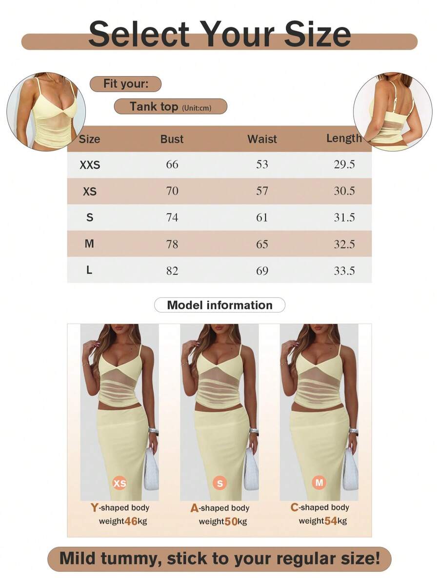 Ruched mesh spaghetti strap camisole top for women featuring semi-sheer details and a slim fit.