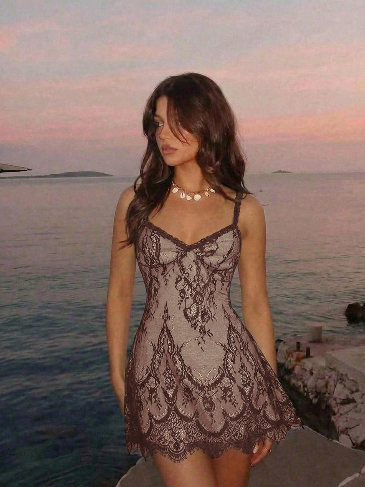 Skyraze women's lace waist-cinching cami dress featuring spaghetti straps, a high waist, and slim fit design.