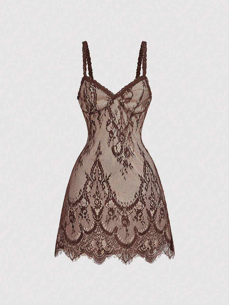 Skyraze women's lace waist-cinching cami dress featuring spaghetti straps, a high waist, and slim fit design.