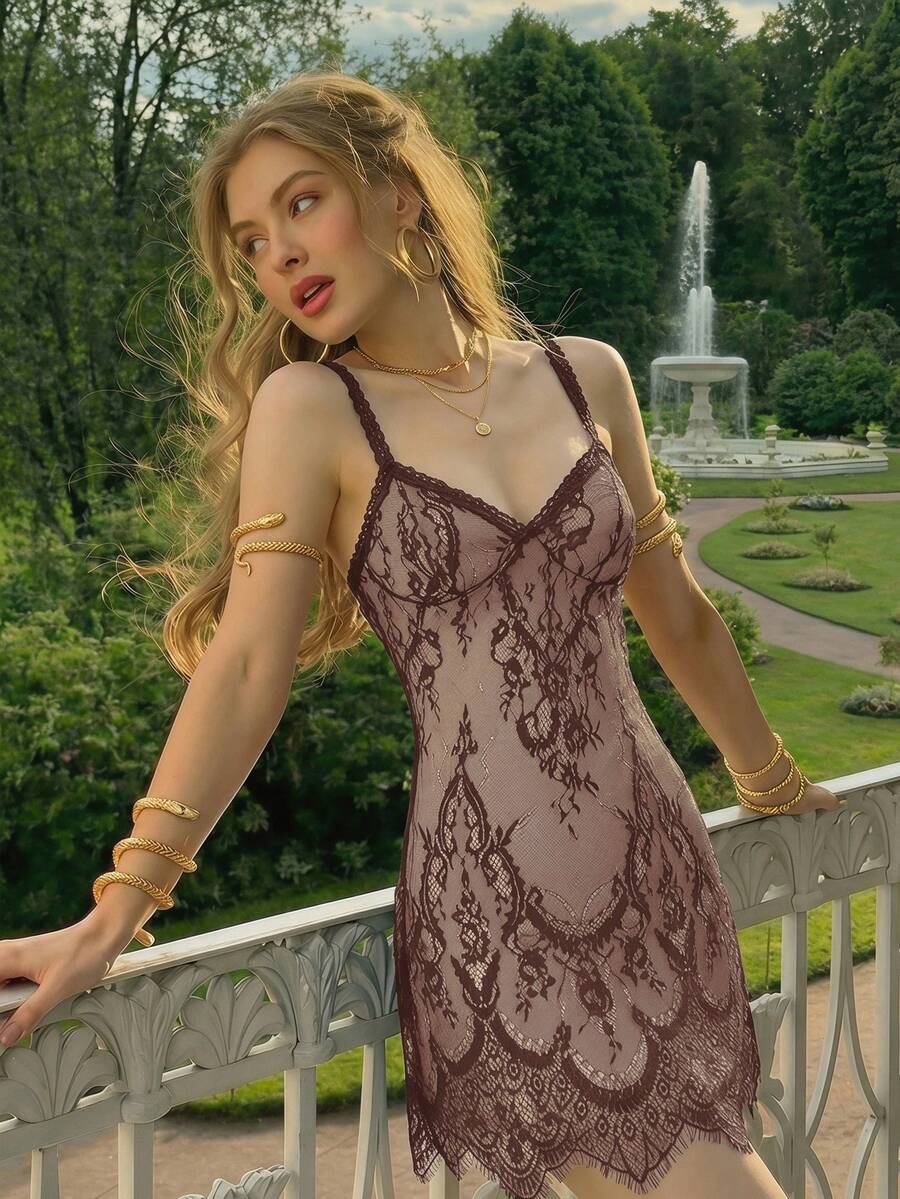 Skyraze women's lace waist-cinching cami dress featuring spaghetti straps, a high waist, and slim fit design.