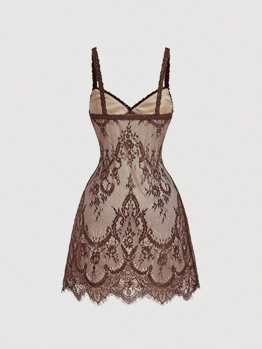 Skyraze women's lace waist-cinching cami dress featuring spaghetti straps, a high waist, and slim fit design.