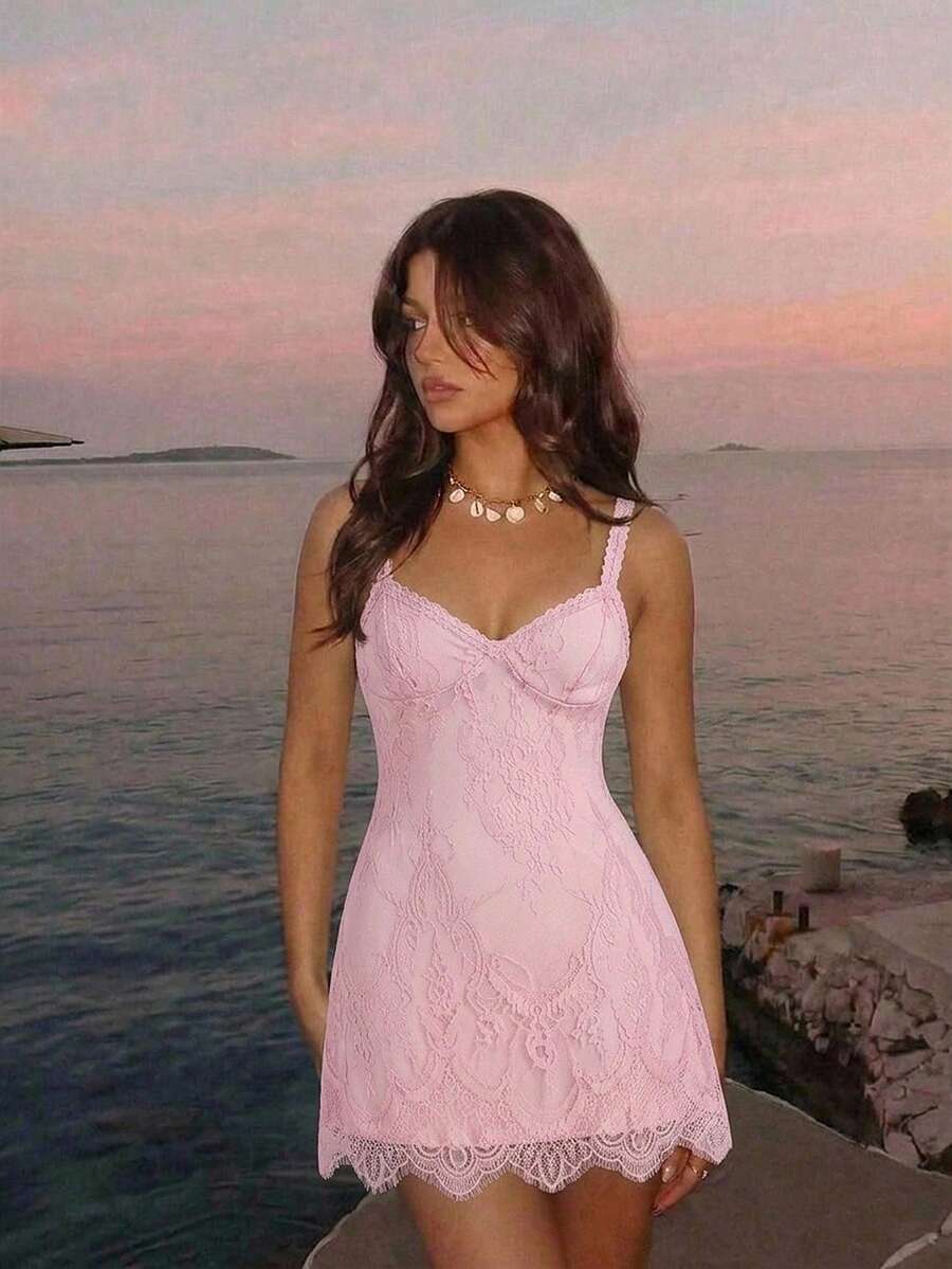 Skyraze women's lace waist-cinching cami dress featuring spaghetti straps, a high waist, and slim fit design.