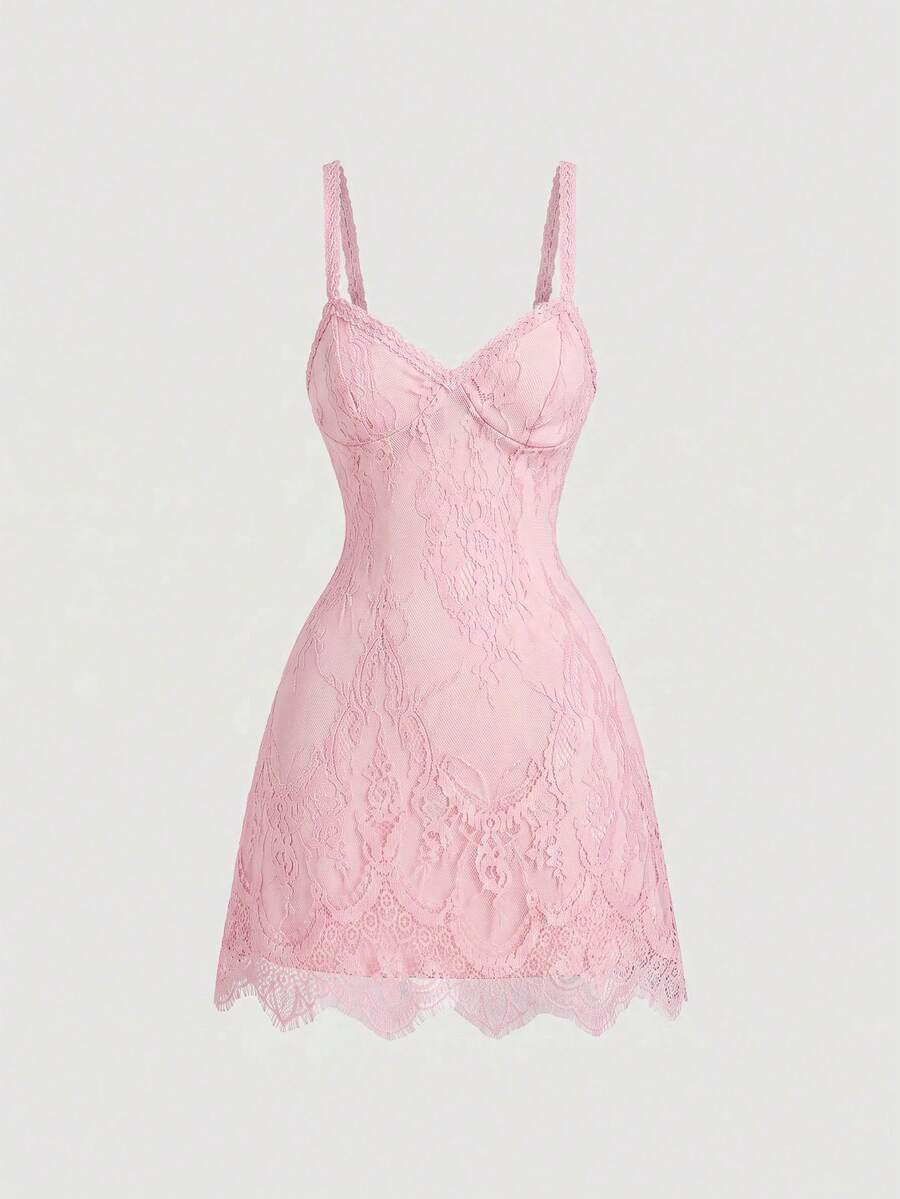 Skyraze women's lace waist-cinching cami dress featuring spaghetti straps, a high waist, and slim fit design.