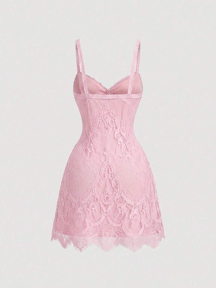 Skyraze women's lace waist-cinching cami dress featuring spaghetti straps, a high waist, and slim fit design.
