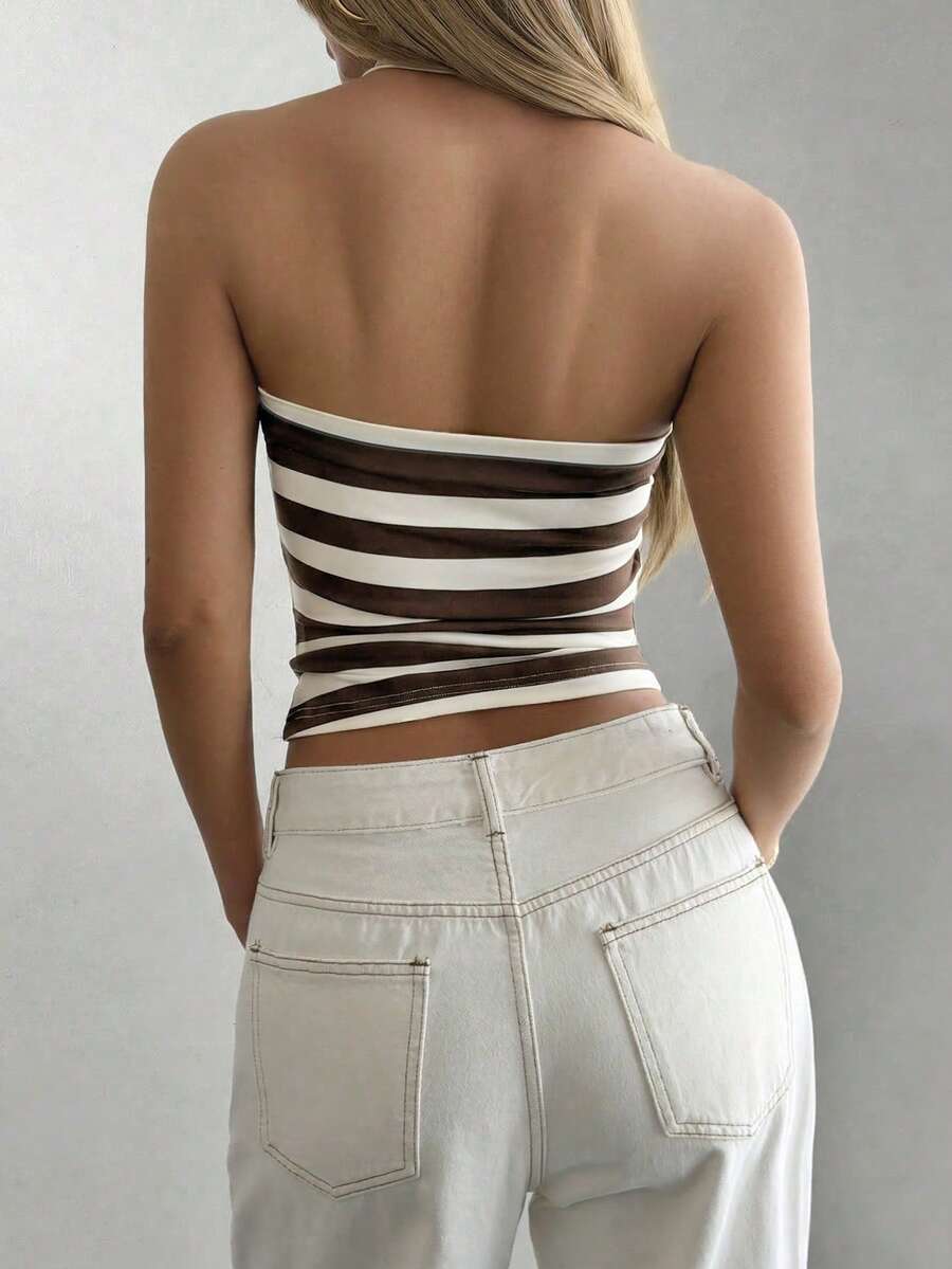 Women's striped halter camisole top featuring a backless design in knitted fabric
