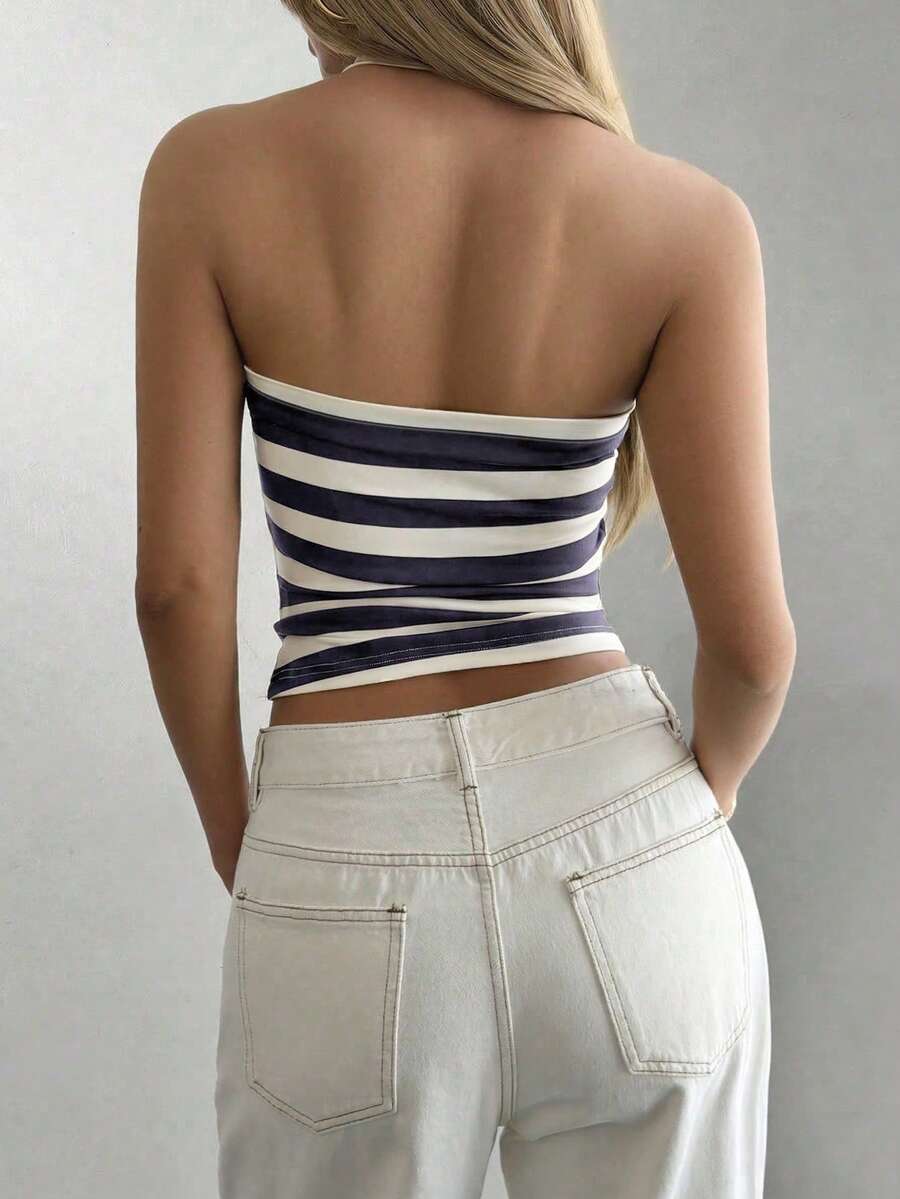 Women's striped halter camisole top featuring a backless design in knitted fabric