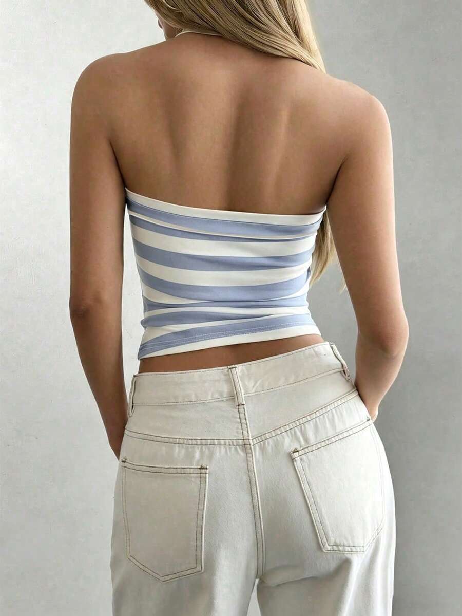 Women's striped halter camisole top featuring a backless design in knitted fabric