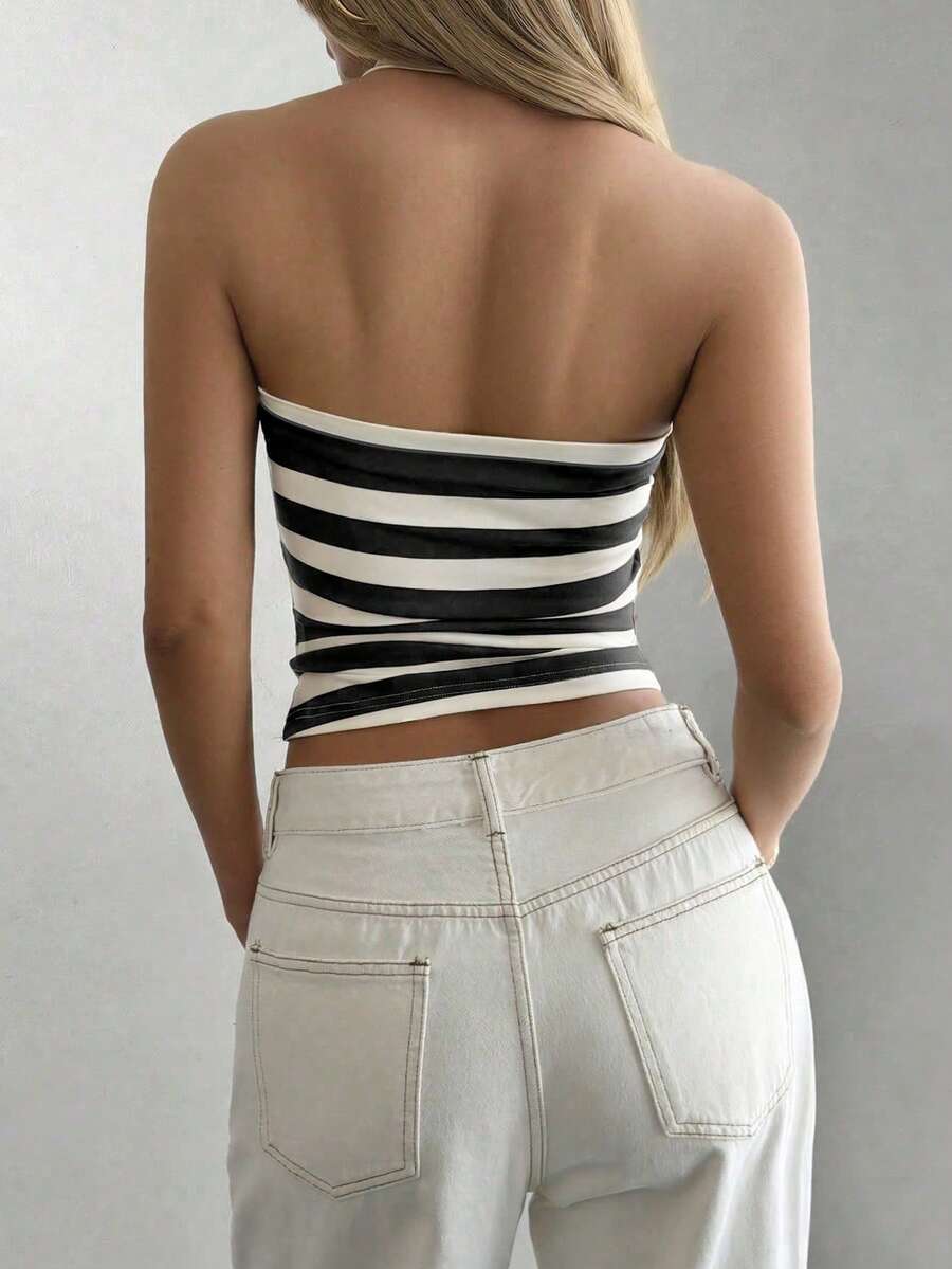 Women's striped halter camisole top featuring a backless design in knitted fabric