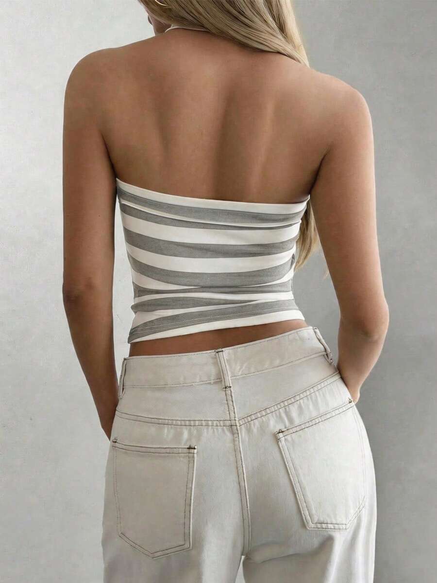 Women's striped halter camisole top featuring a backless design in knitted fabric