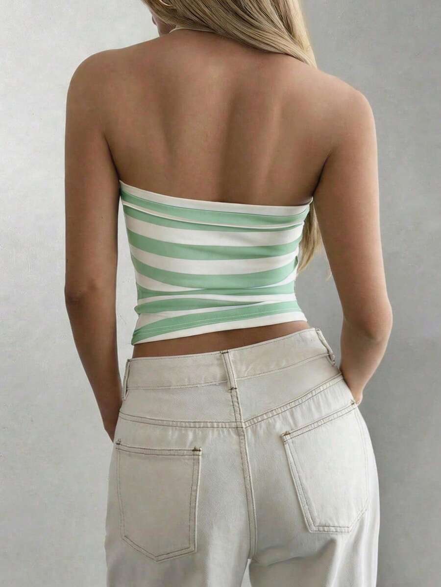 Women's striped halter camisole top featuring a backless design in knitted fabric