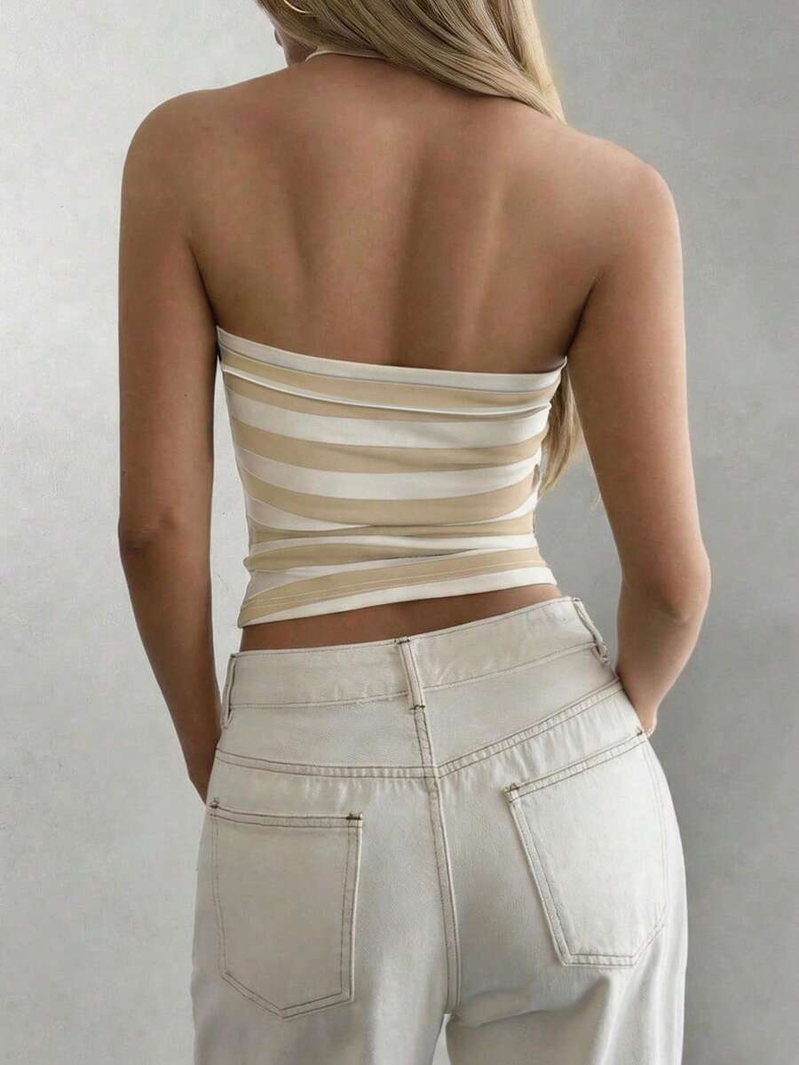 Women's striped halter camisole top featuring a backless design in knitted fabric