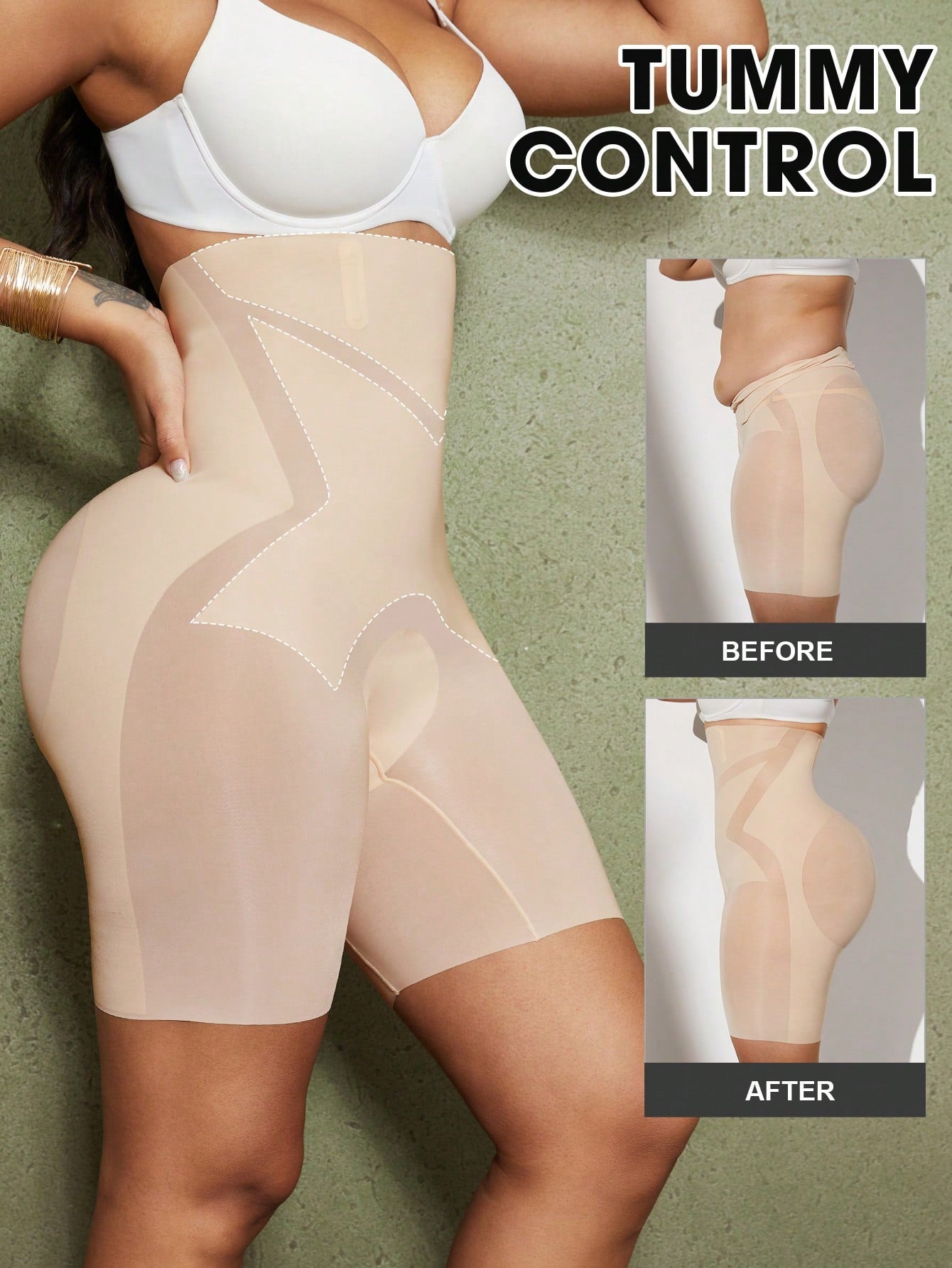 Apricot seamless tummy control waist cincher shapewear shorts for women featuring high stretch knitted fabric.
