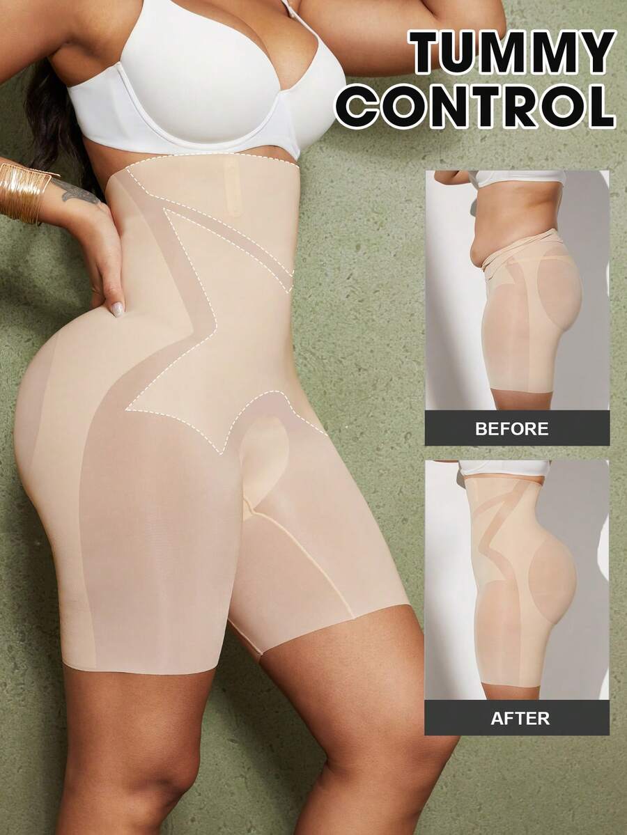 Apricot seamless tummy control waist cincher shapewear shorts for women featuring high stretch knitted fabric.