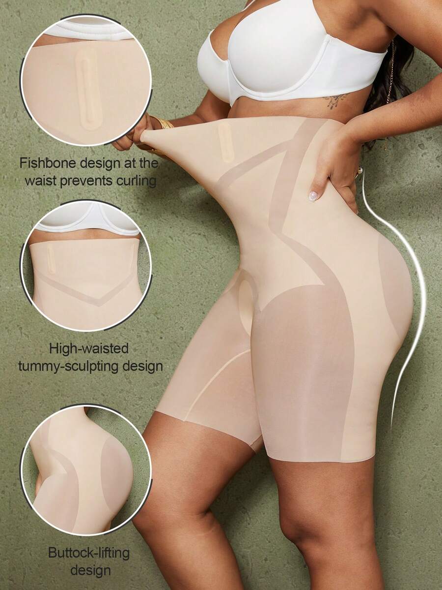 Apricot seamless tummy control waist cincher shapewear shorts for women featuring high stretch knitted fabric.