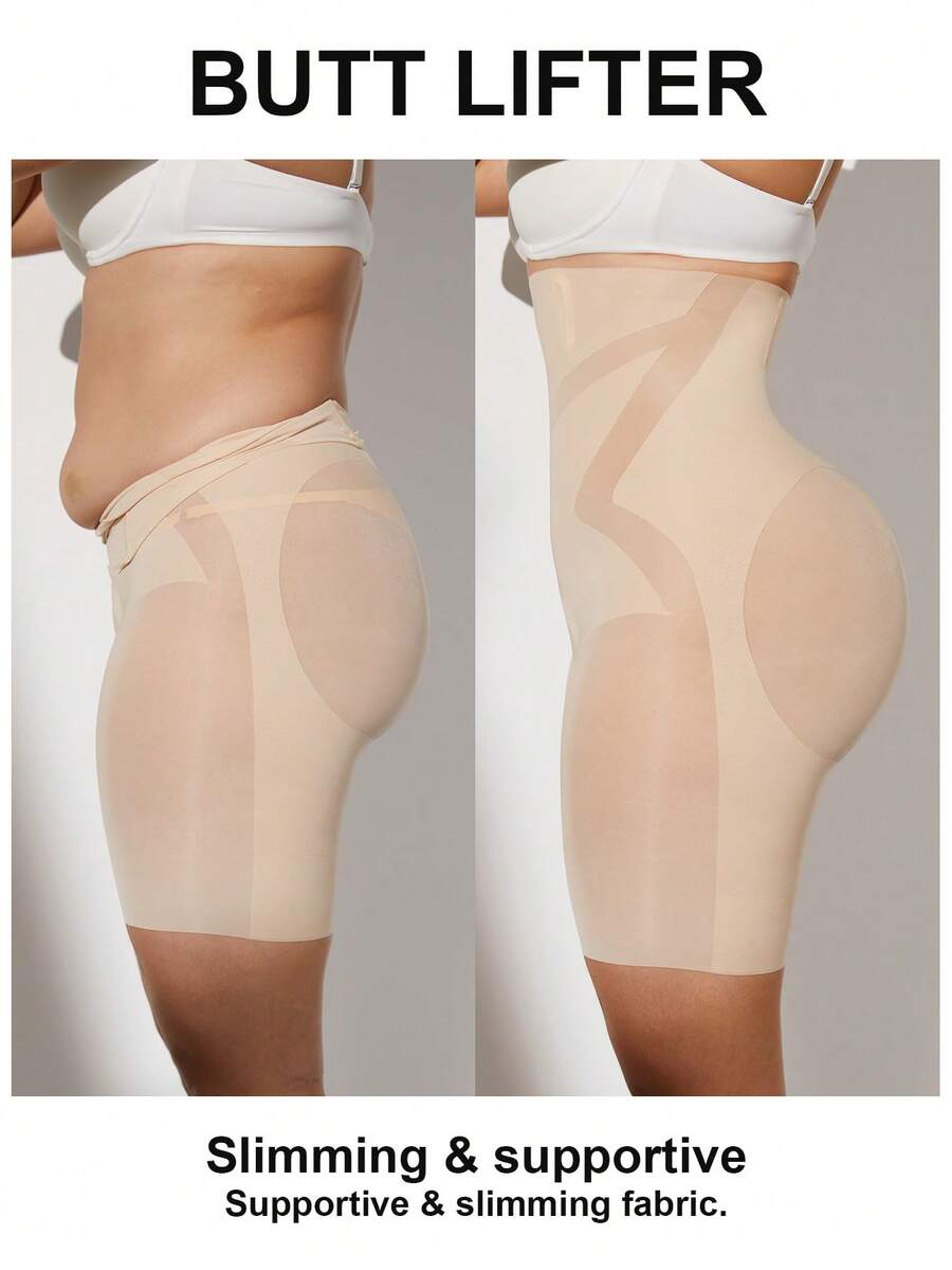 Apricot seamless tummy control waist cincher shapewear shorts for women featuring high stretch knitted fabric.