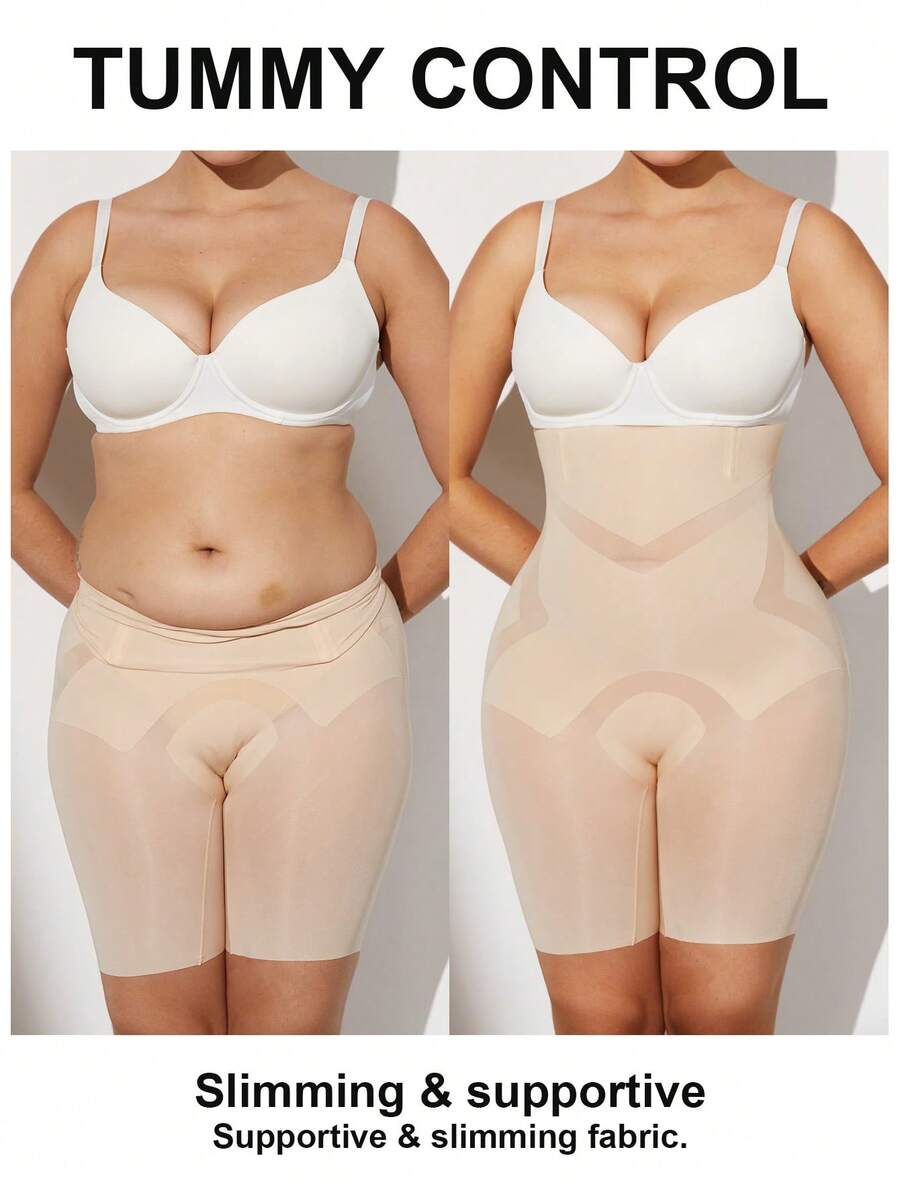 Apricot seamless tummy control waist cincher shapewear shorts for women featuring high stretch knitted fabric.