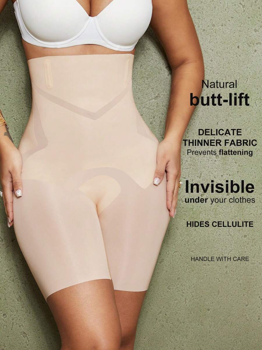 Apricot seamless tummy control waist cincher shapewear shorts for women featuring high stretch knitted fabric.