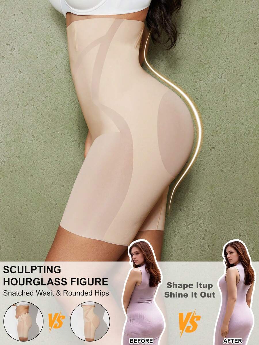 Apricot seamless tummy control waist cincher shapewear shorts for women featuring high stretch knitted fabric.