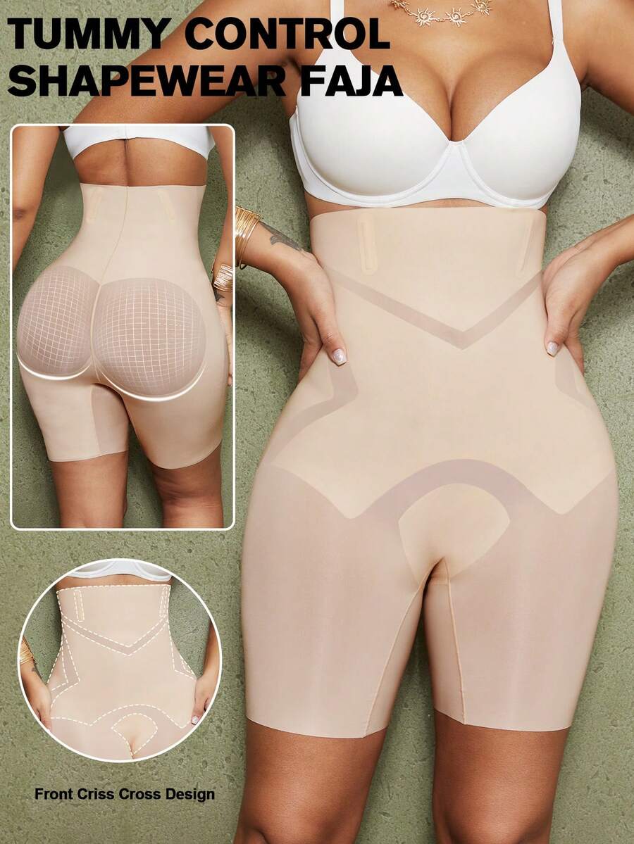 Apricot seamless tummy control waist cincher shapewear shorts for women featuring high stretch knitted fabric.