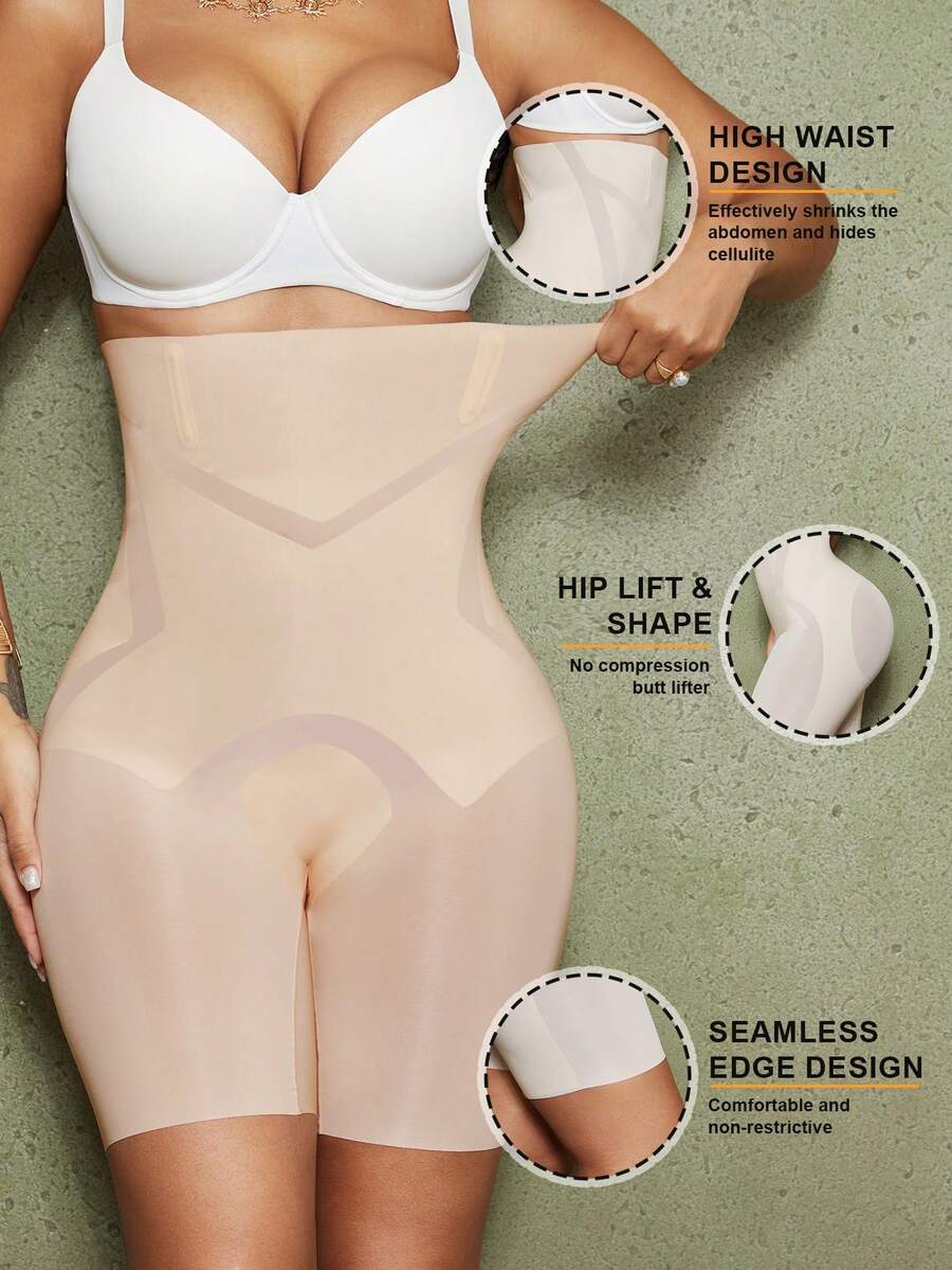 Apricot seamless tummy control waist cincher shapewear shorts for women featuring high stretch knitted fabric.