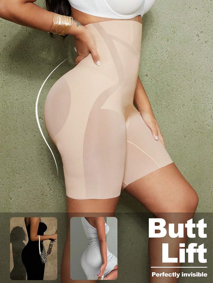 Apricot seamless tummy control waist cincher shapewear shorts for women featuring high stretch knitted fabric.