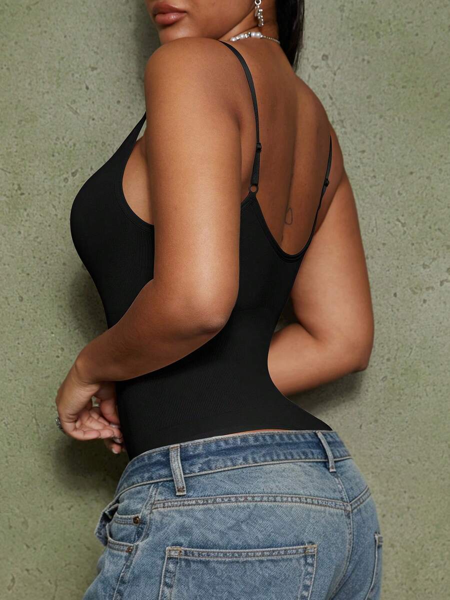 Brown seamless shapewear bodysuit featuring backless design, thong bottom, non-removable padding, and high-stretch fabric for tummy and waist control.
