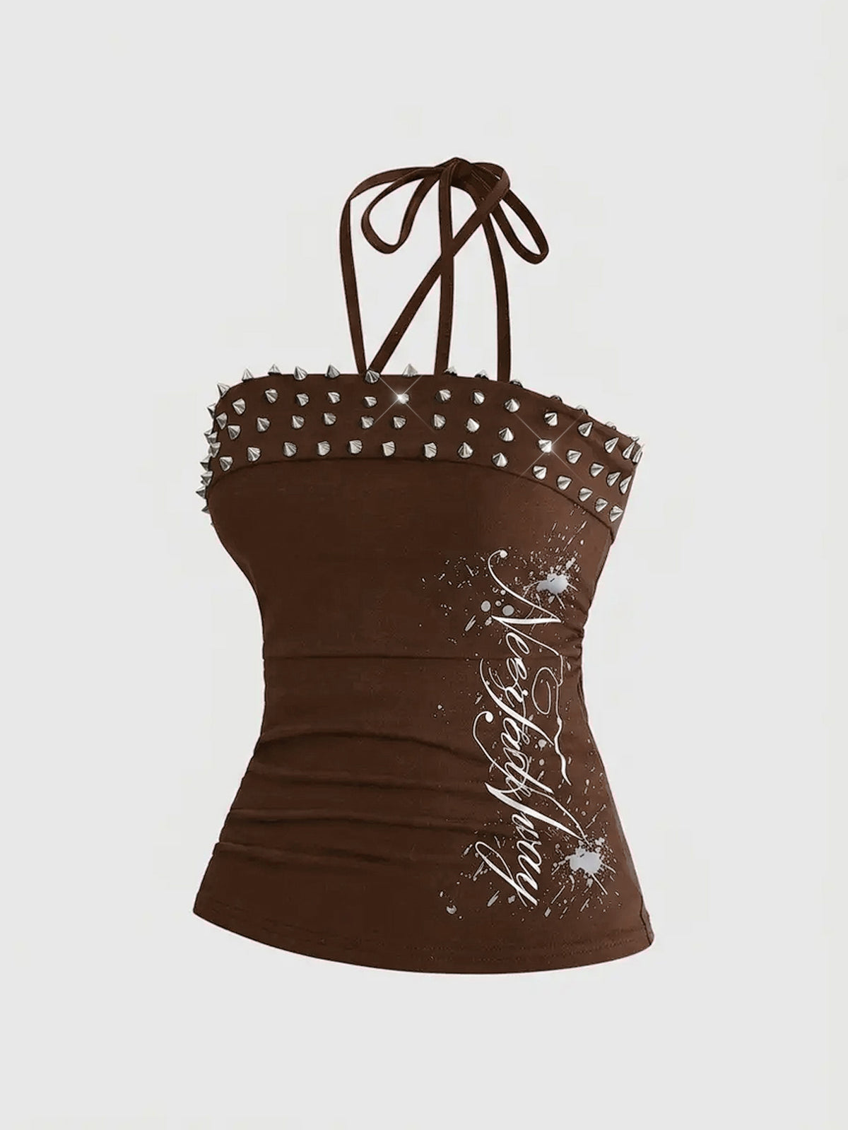 Women's sleeveless halter cropped camisole top in black with graphic slogan print and studded detailing.