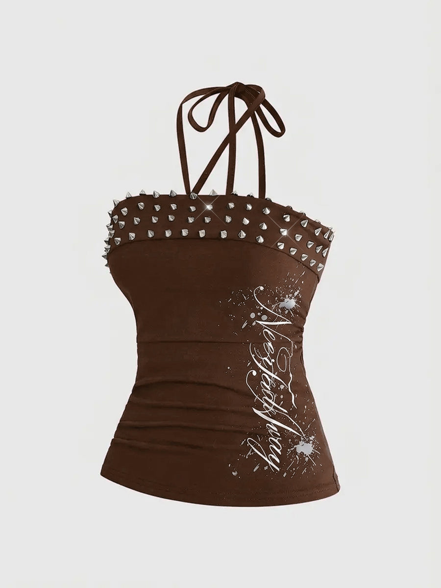 Women's sleeveless halter cropped camisole top in black with graphic slogan print and studded detailing.