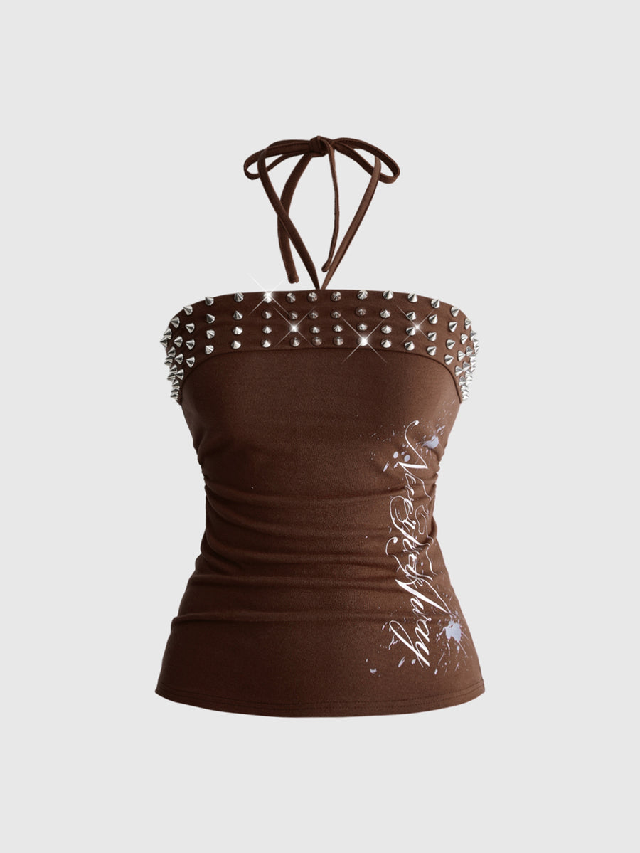 Women's sleeveless halter cropped camisole top in black with graphic slogan print and studded detailing.