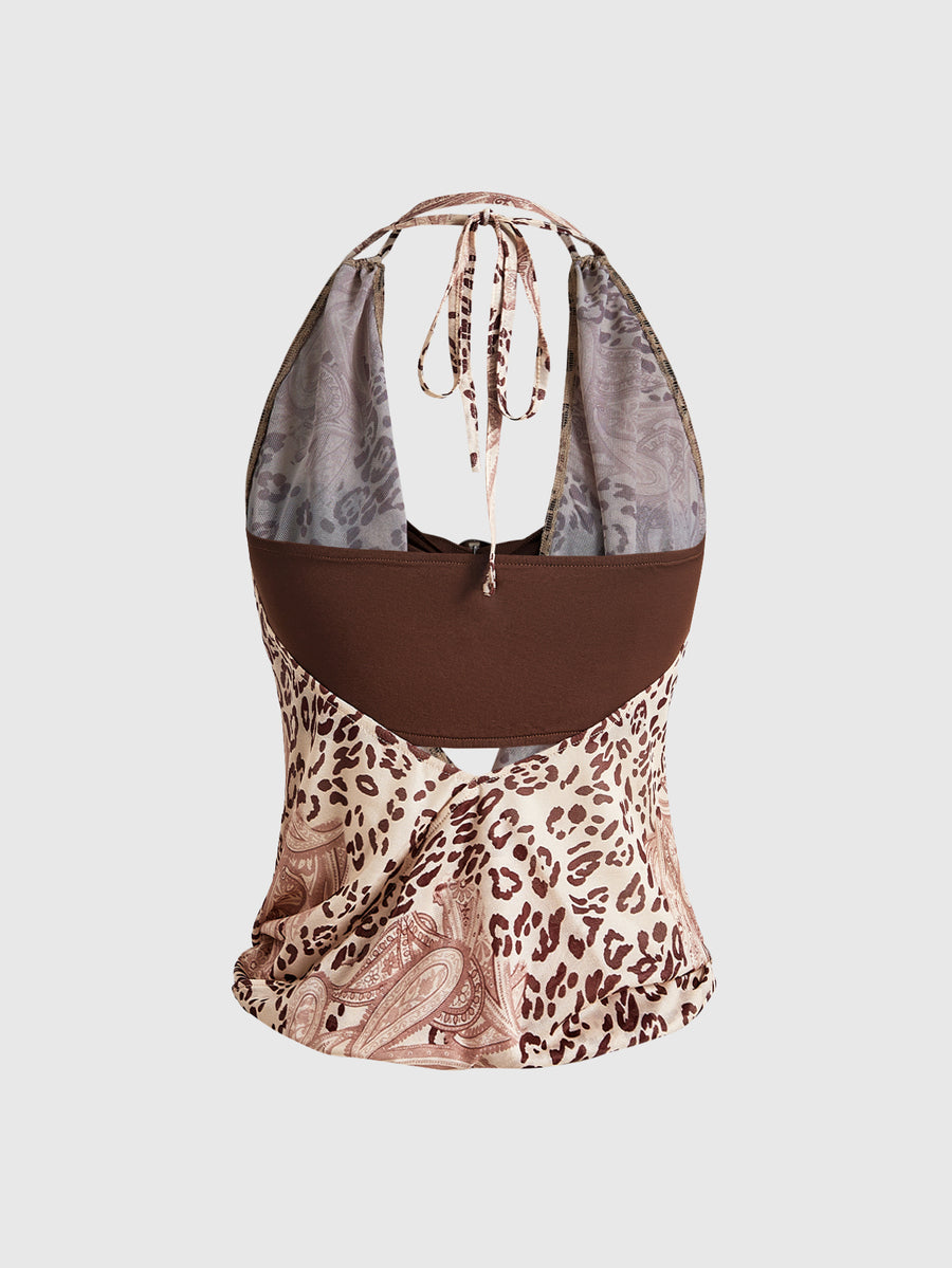 Women's cowl neck halter crop tank top featuring a draped backless design and matching bandeau inner layer.