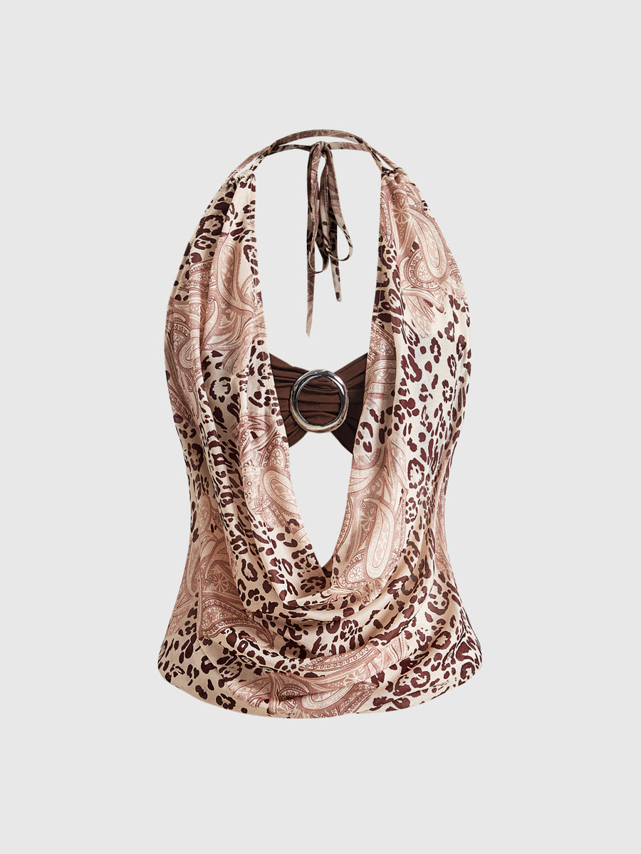 Women's cowl neck halter crop tank top featuring a draped backless design and matching bandeau inner layer.