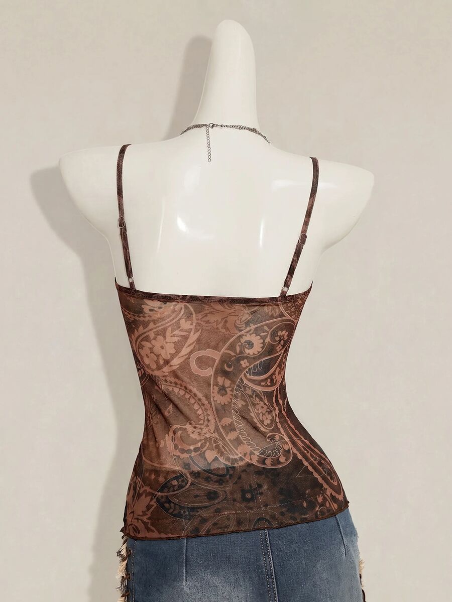 Burgundy paisley print ruched cami top for women featuring thin spaghetti straps, asymmetrical lace-up detail, and a slim fit.